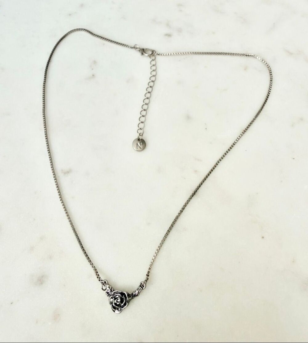 Nordstrom Silver Tone Rose Pendant Necklace Box Chain Adjustable